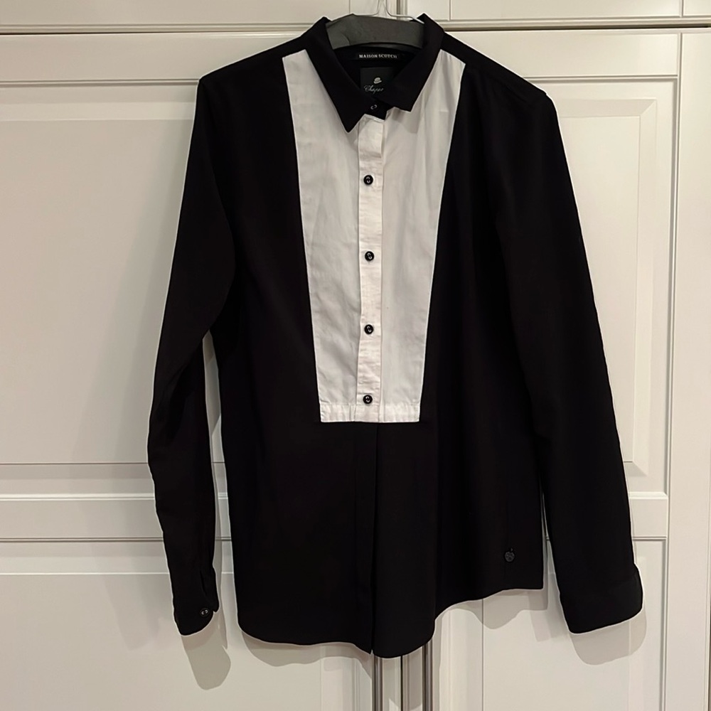 MAISON scotch tuxedo bib shirt medium black and white